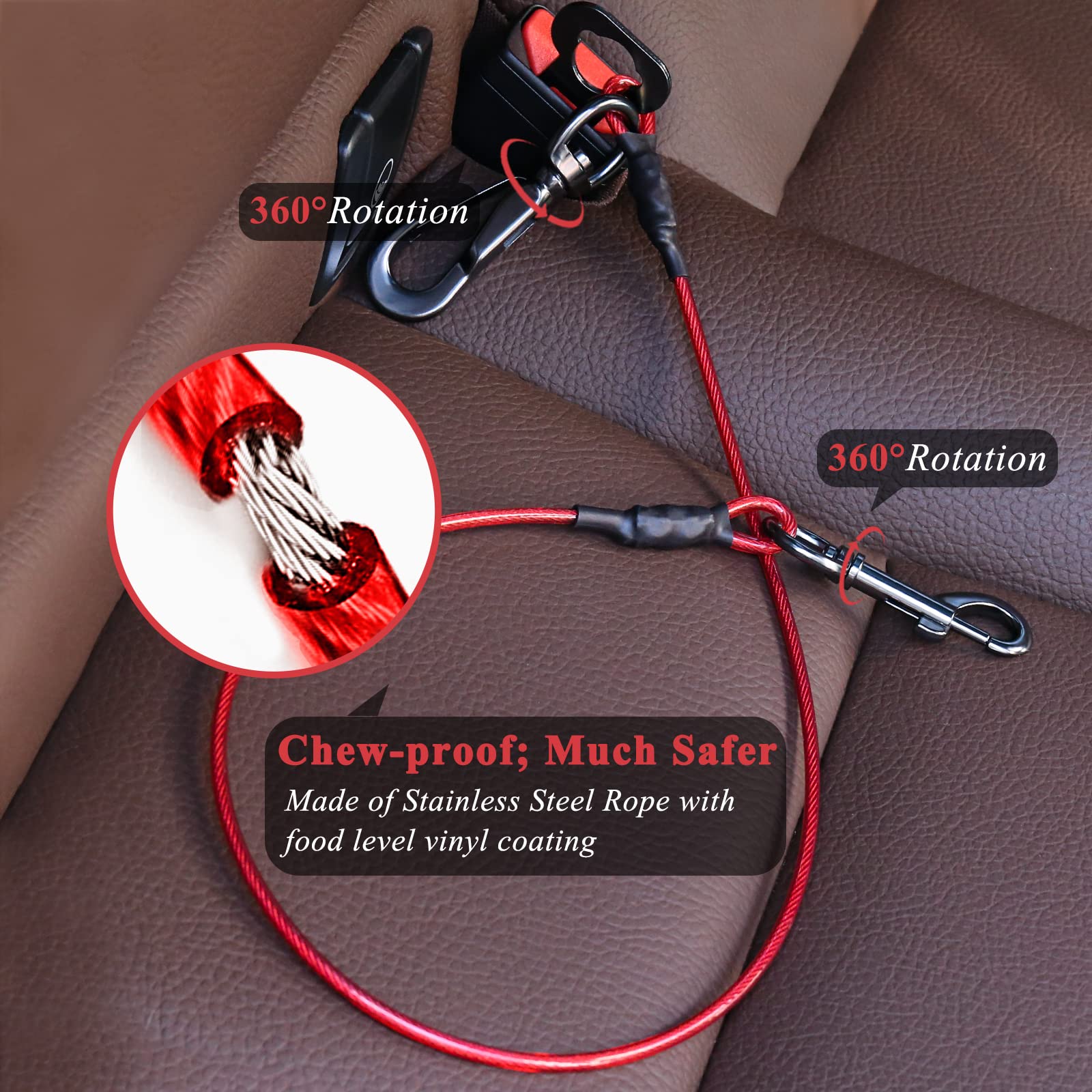 Vivaglory Dog Seat Belt, Chew Proof Waterproof Multi-Functional Dogs Safety Belt, Heavy Duty Steel Rope Pet Car Seatbelt Rrestra